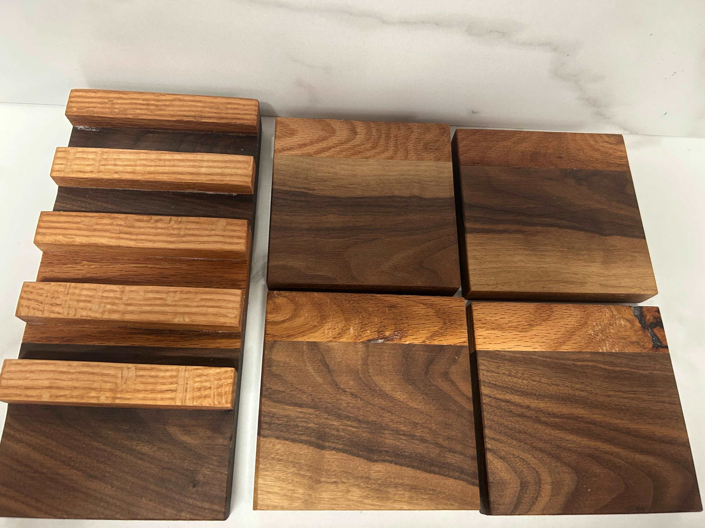 Handcrafted Walnut/Oak Coaster set with Stand