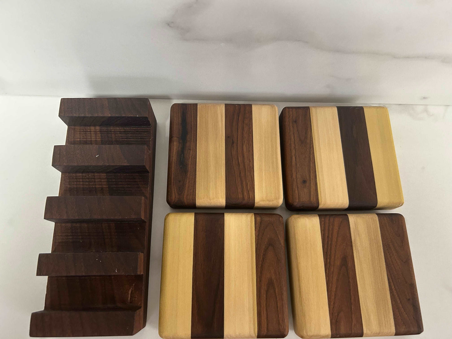 Handcrafted Walnut and Poplar coaster set with stand