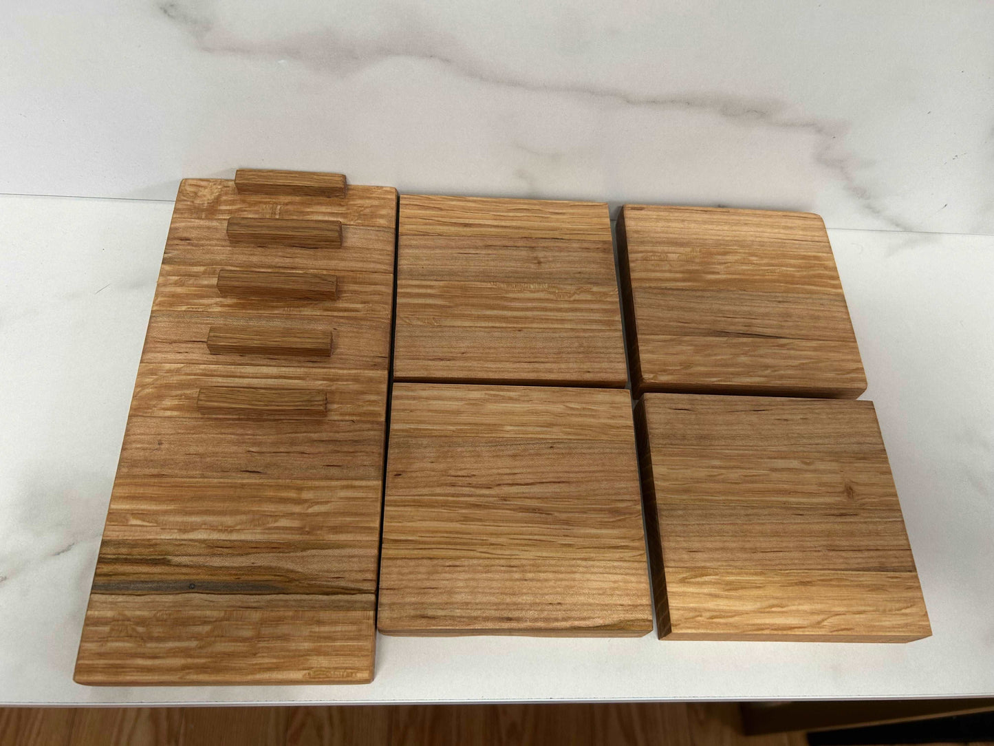 Handcrafted Hickory and Oak coaster set with stand