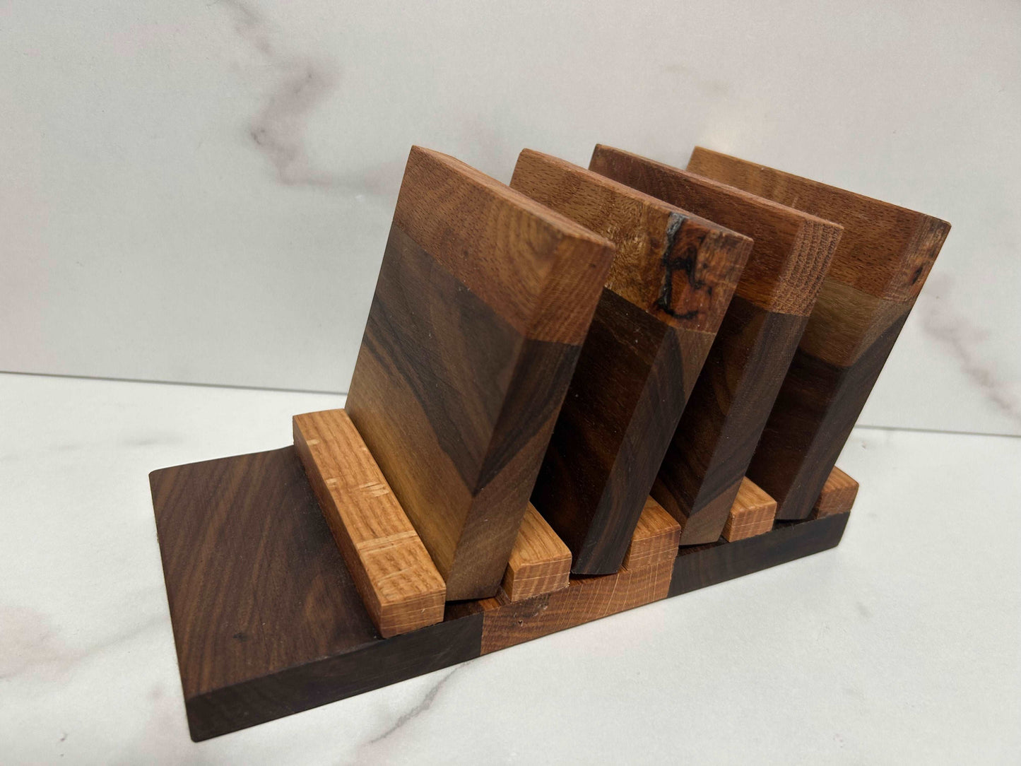 Handcrafted Walnut/Oak Coaster set with Stand