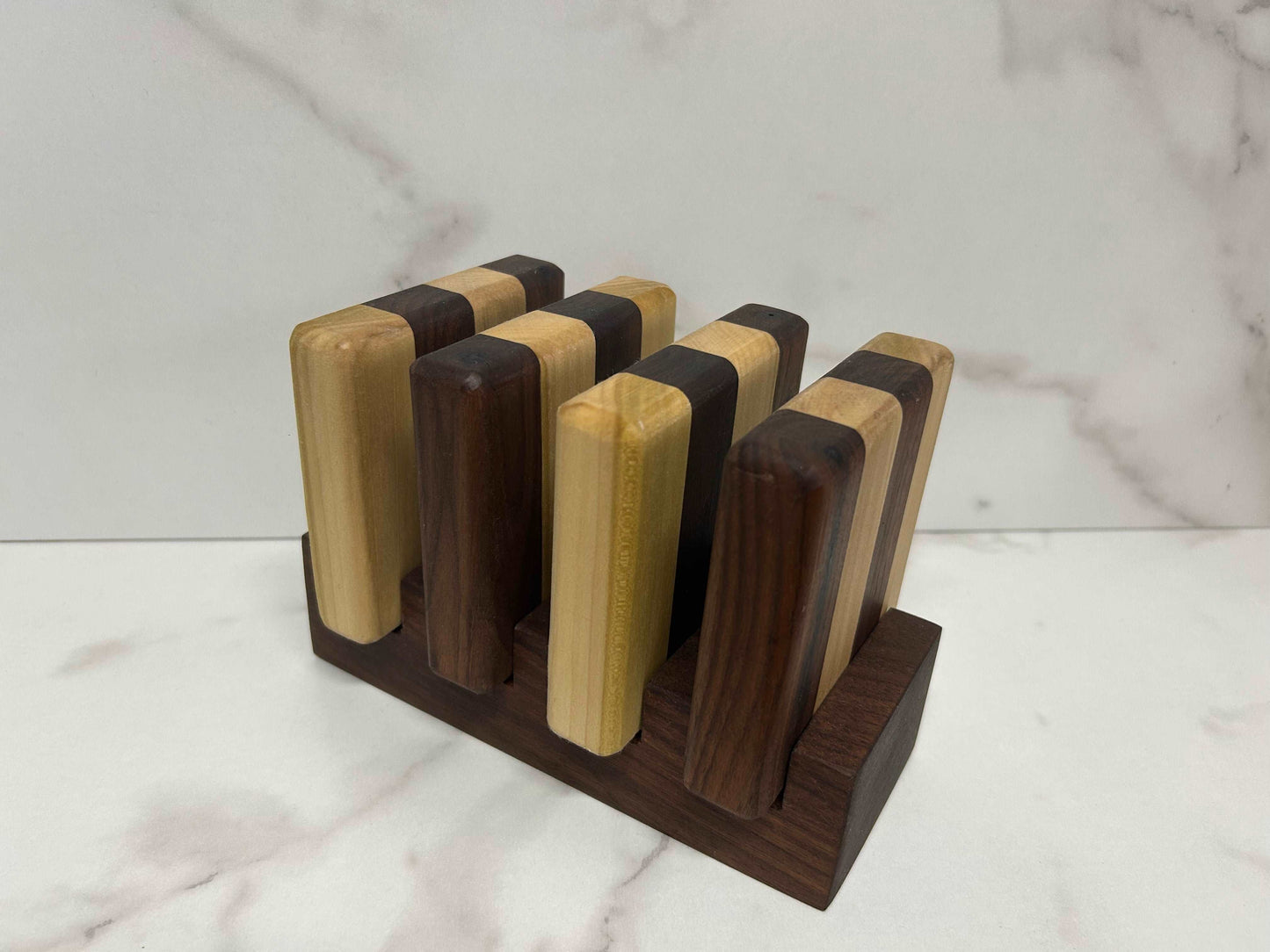 Handcrafted Walnut and Poplar coaster set with stand