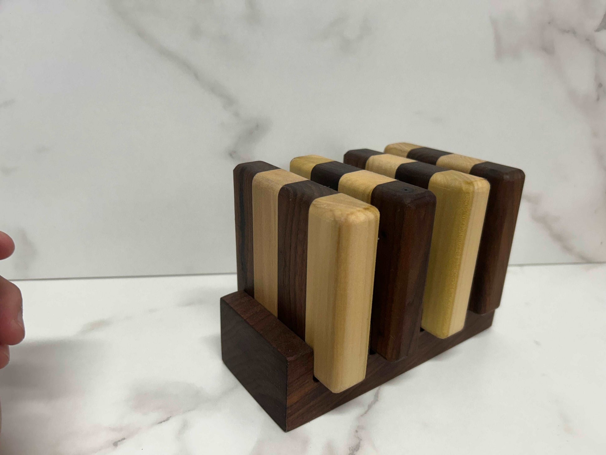 Handcrafted Walnut and Poplar coaster set with stand