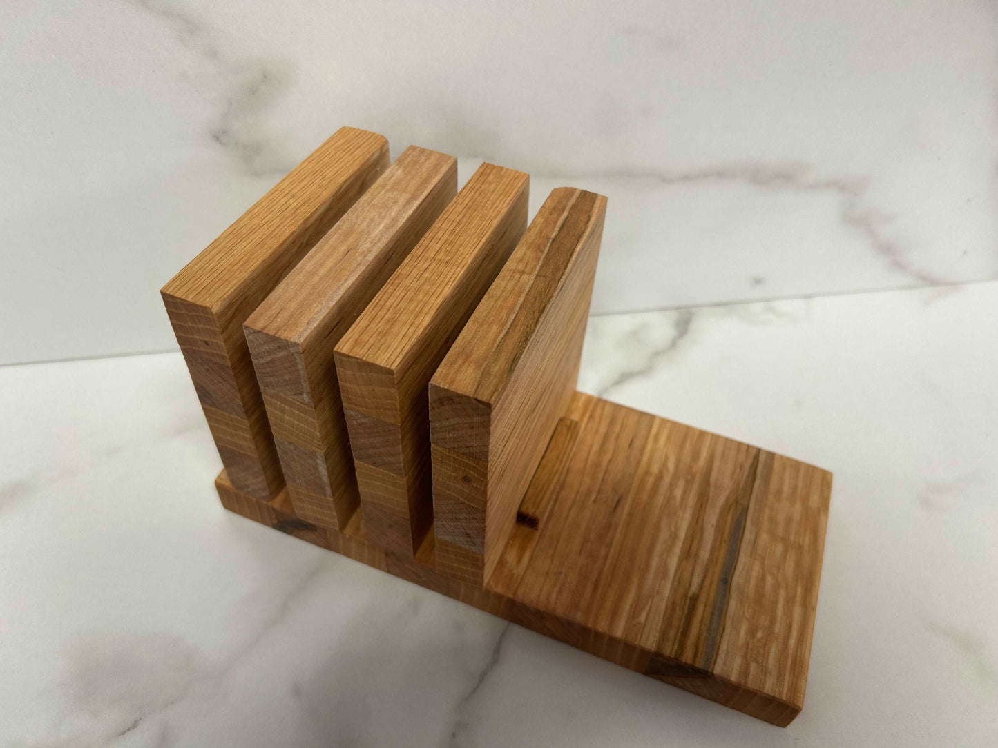 Handcrafted Hickory and Oak coaster set with stand