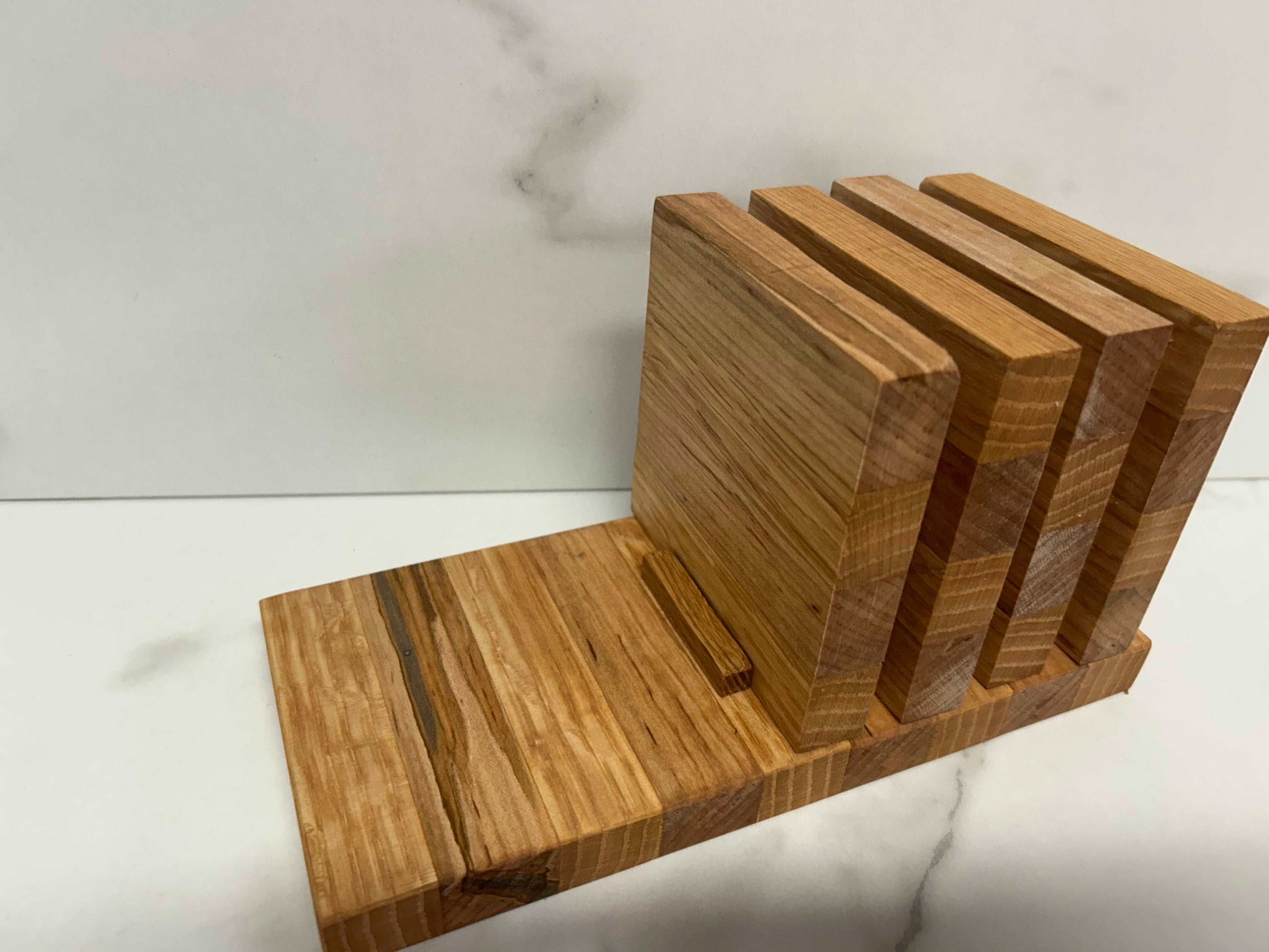 Handcrafted Hickory and Oak coaster set with stand